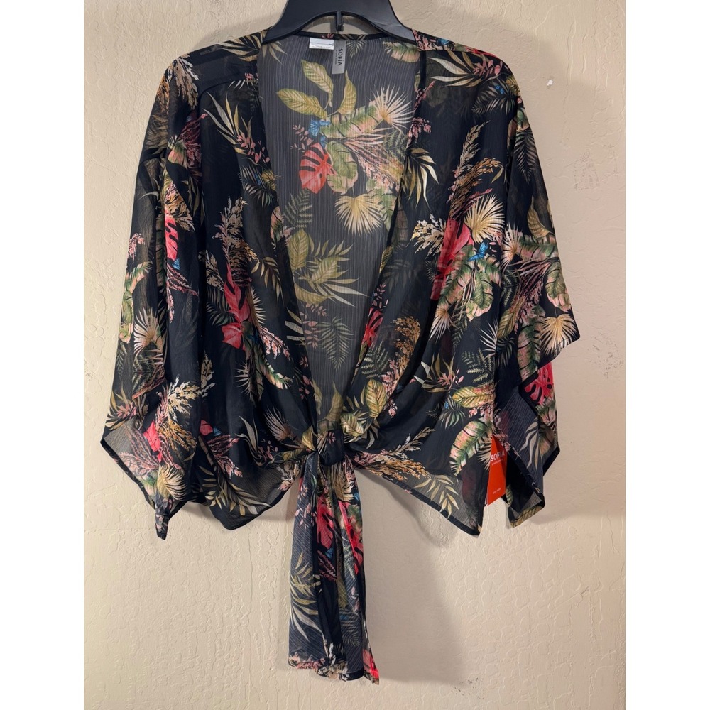 SofiaVergara Batwing Crop Top Women L Black Tropical Tie Front Coverup Sheer NEW
